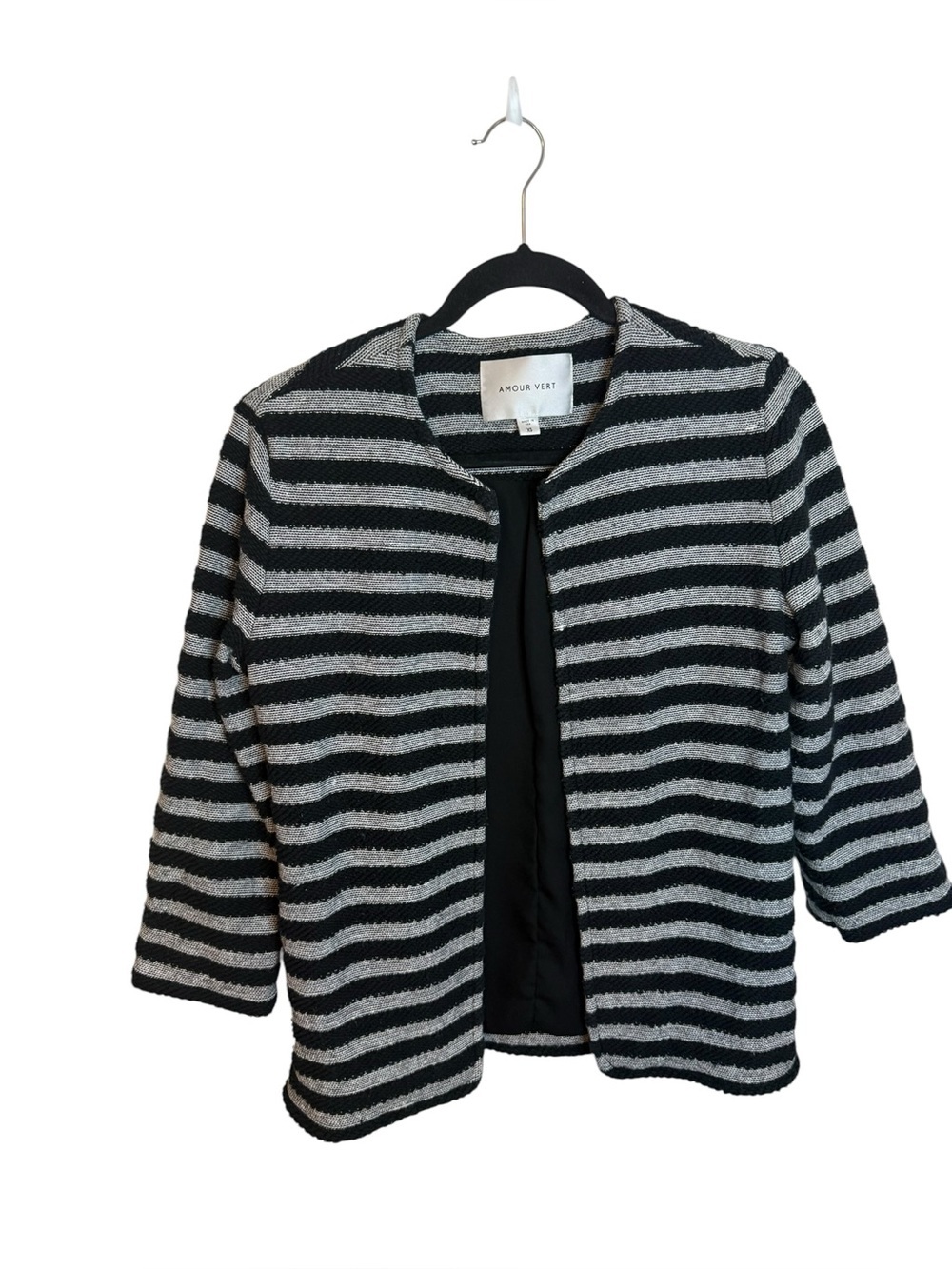 Amour Vert Black and White Striped Collarless Textured Blazer Jacket